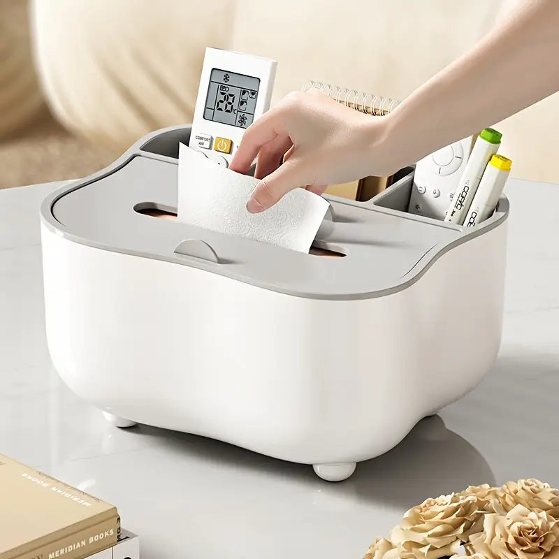 Tissue Box Holder with Spring-Loaded Dispenser - Multipurpose Storage for Living Room, Bedroom & Office Desk, Remote Control Organizer