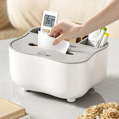 Tissue Box Holder with Spring-Loaded Dispenser - Multipurpose Storage for Living Room, Bedroom & Office Desk, Remote Control Organizer