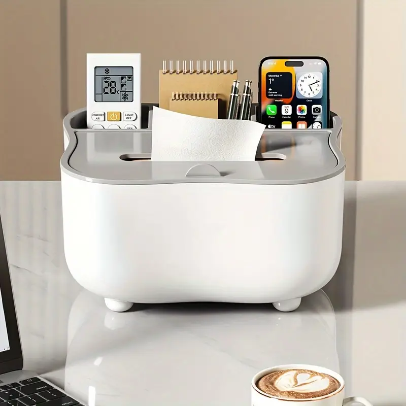Tissue Box Holder with Spring-Loaded Dispenser - Multipurpose Storage for Living Room, Bedroom & Office Desk, Remote Control Organizer