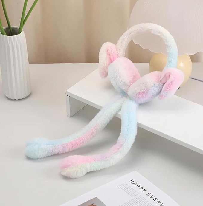 Kids Bunny Earmuffs with Moving Ears – Plush Rabbit Winter Ear Warmers for Girls, Soft Faux Fur Squeeze Paw Hat, Cute Cold Weather Headphones Alternative