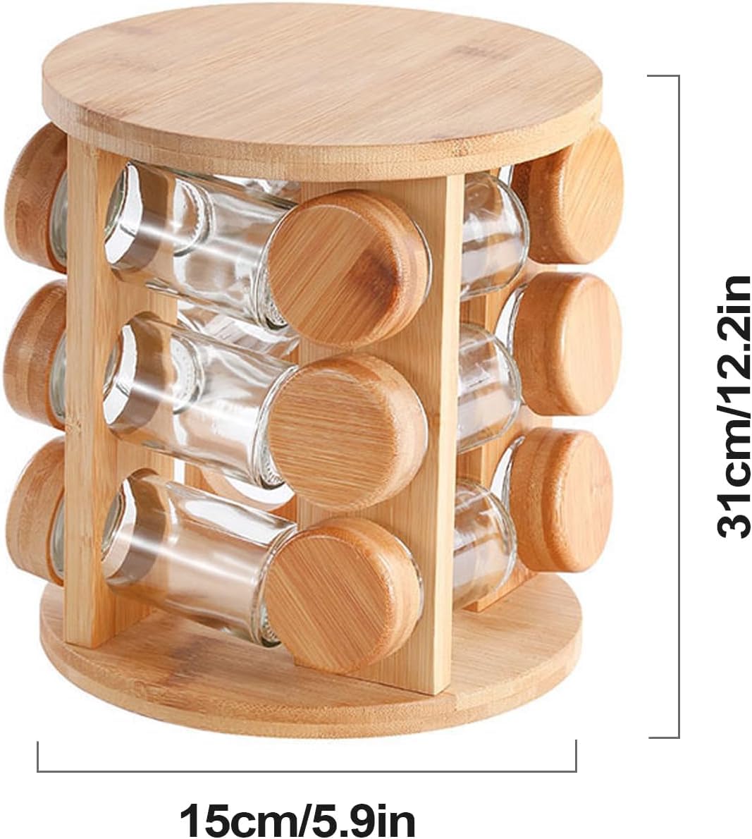Wooden Spice Jar Organizer | 360° Rotating Kitchen Masala Rack with12 Glass Jars Set| Spice Jar Stand for Modular Kitchen Storage included Airtight Jar Set with Wooden Lids (Pack of 1)