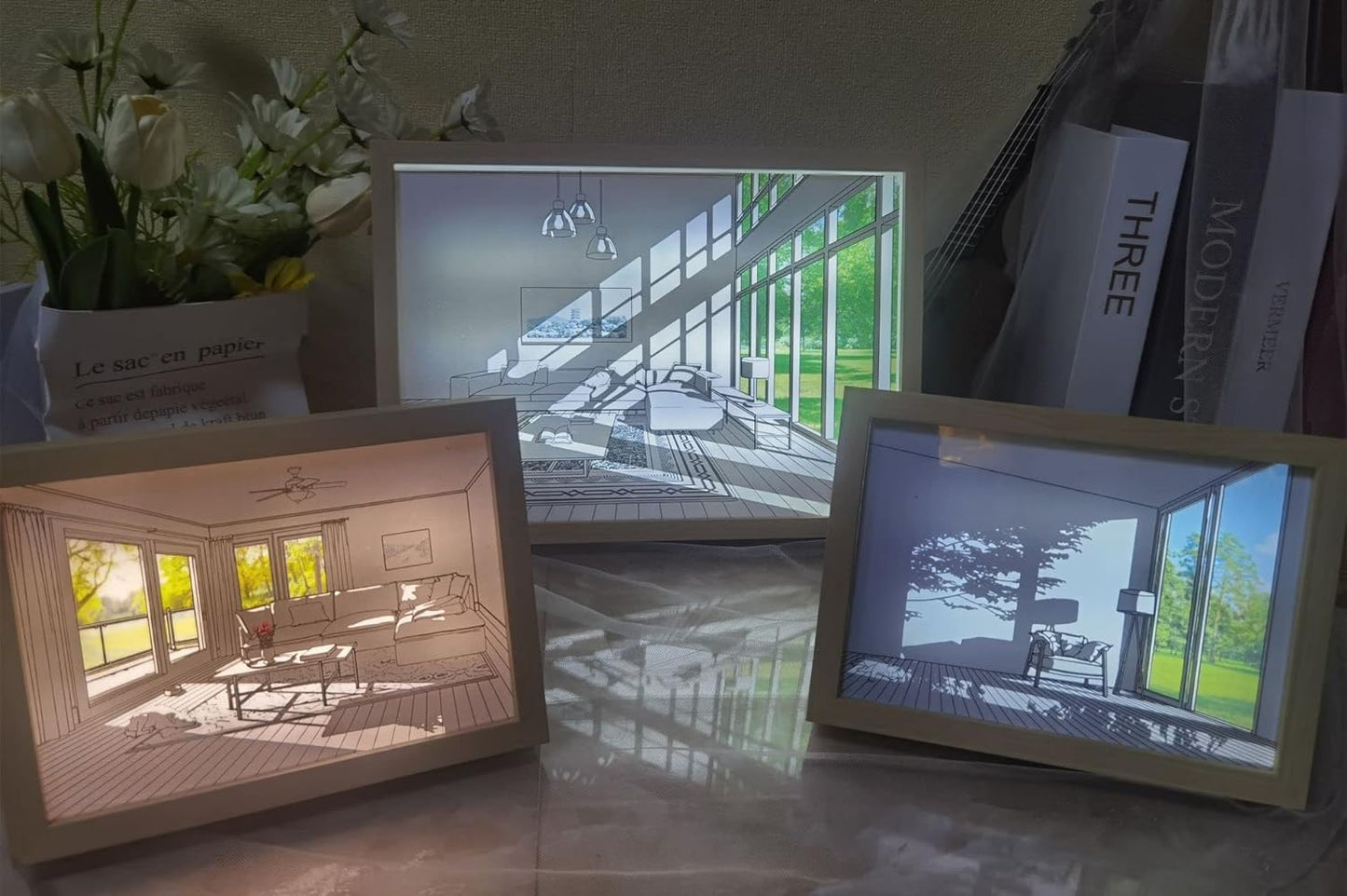 LED Decorative Lights with Wooden Photo Frame Wall Painting Art Night Light USB 62 Dimming Home Gifts