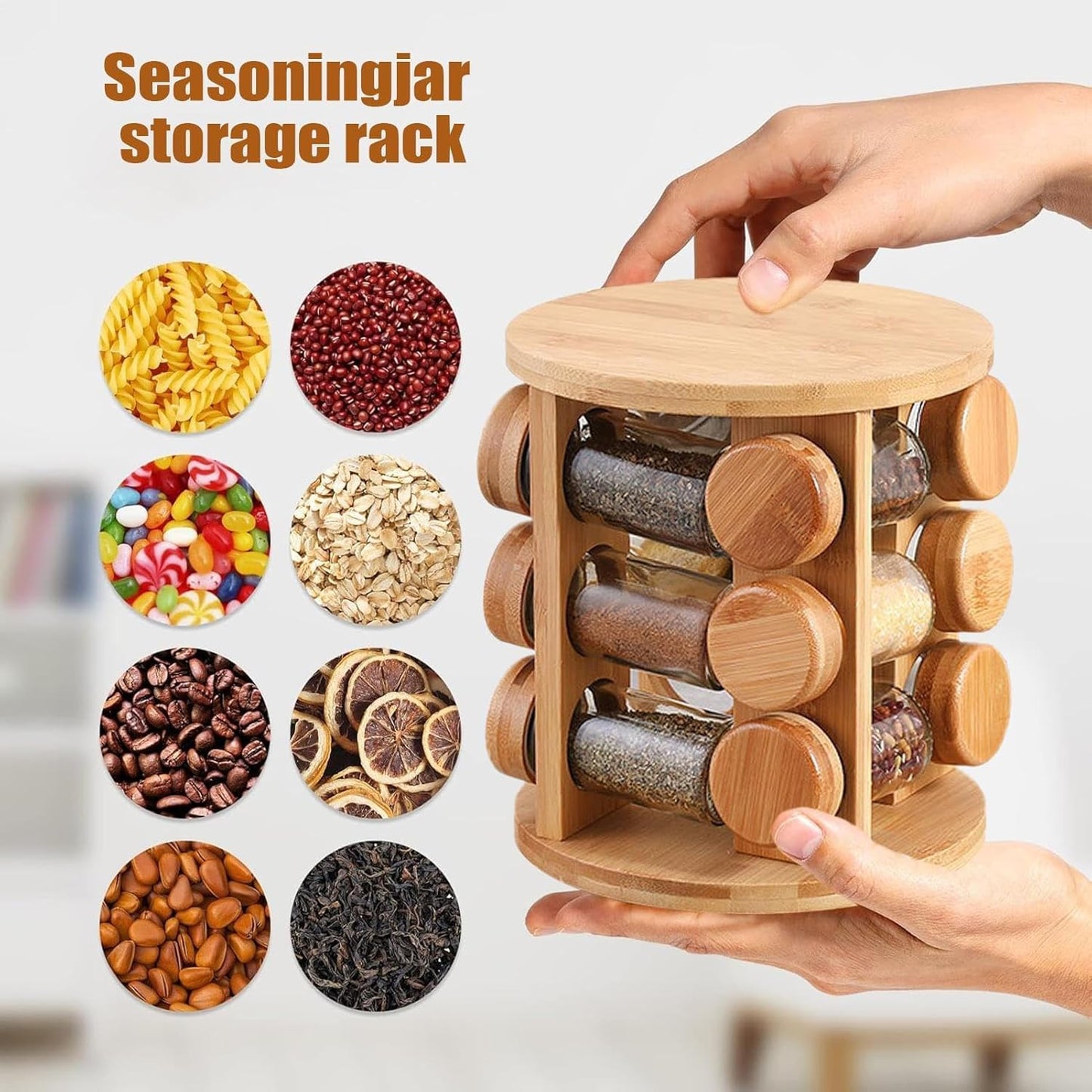 Wooden Spice Jar Organizer | 360° Rotating Kitchen Masala Rack with12 Glass Jars Set| Spice Jar Stand for Modular Kitchen Storage included Airtight Jar Set with Wooden Lids (Pack of 1)