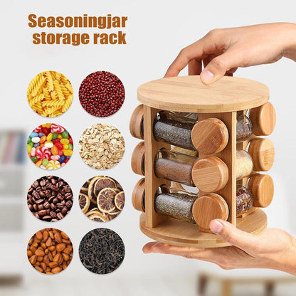 Wooden Spice Jar Organizer | 360° Rotating Kitchen Masala Rack with12 Glass Jars Set| Spice Jar Stand for Modular Kitchen Storage included Airtight Jar Set with Wooden Lids (Pack of 1)