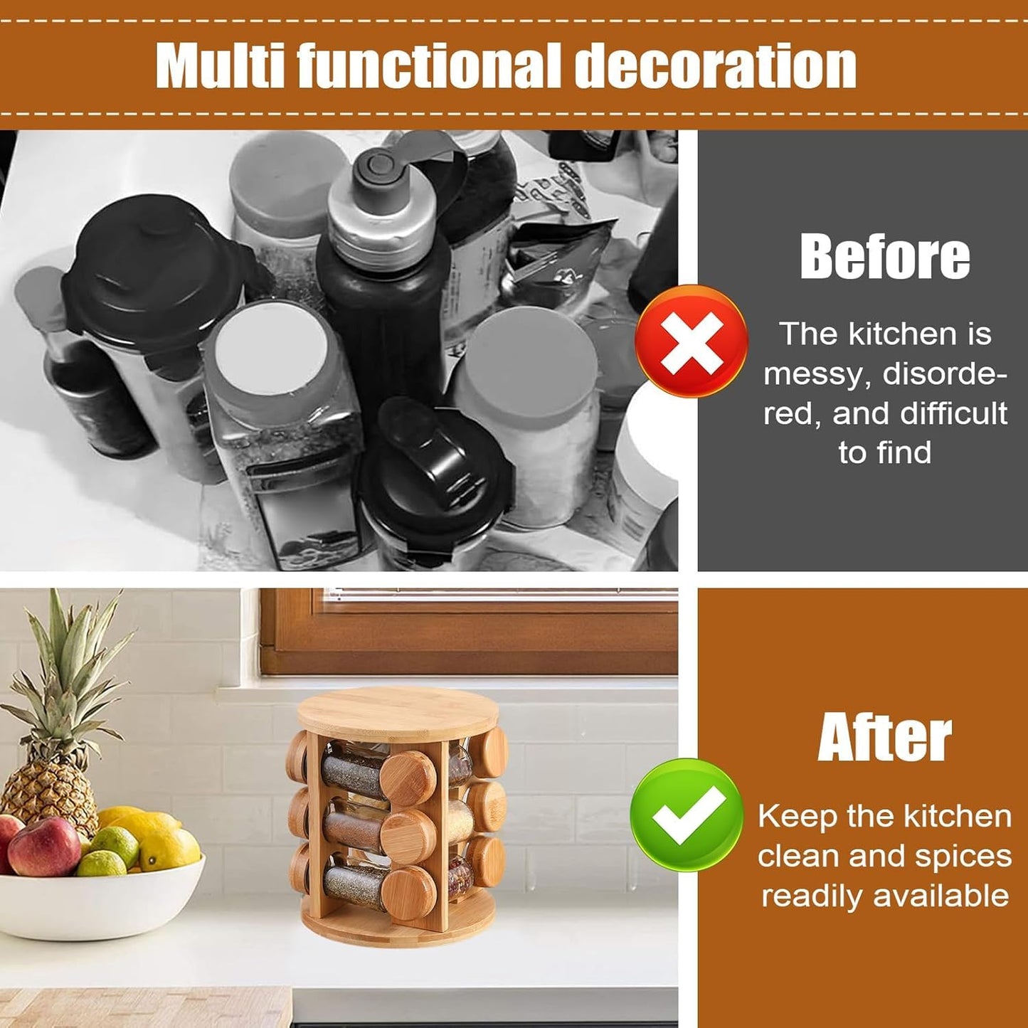 Wooden Spice Jar Organizer | 360° Rotating Kitchen Masala Rack with12 Glass Jars Set| Spice Jar Stand for Modular Kitchen Storage included Airtight Jar Set with Wooden Lids (Pack of 1)