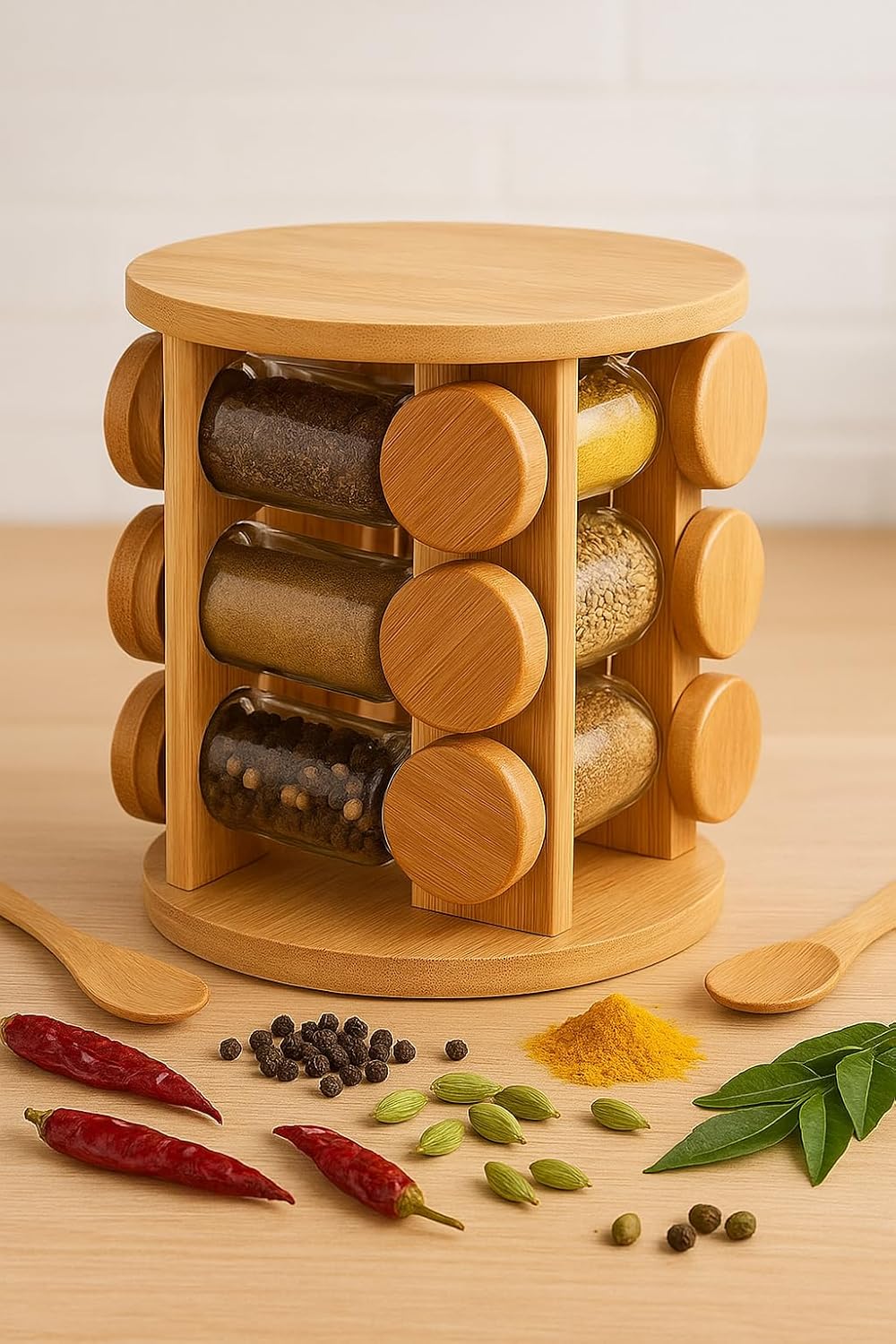 Wooden Spice Jar Organizer | 360° Rotating Kitchen Masala Rack with12 Glass Jars Set| Spice Jar Stand for Modular Kitchen Storage included Airtight Jar Set with Wooden Lids (Pack of 1)