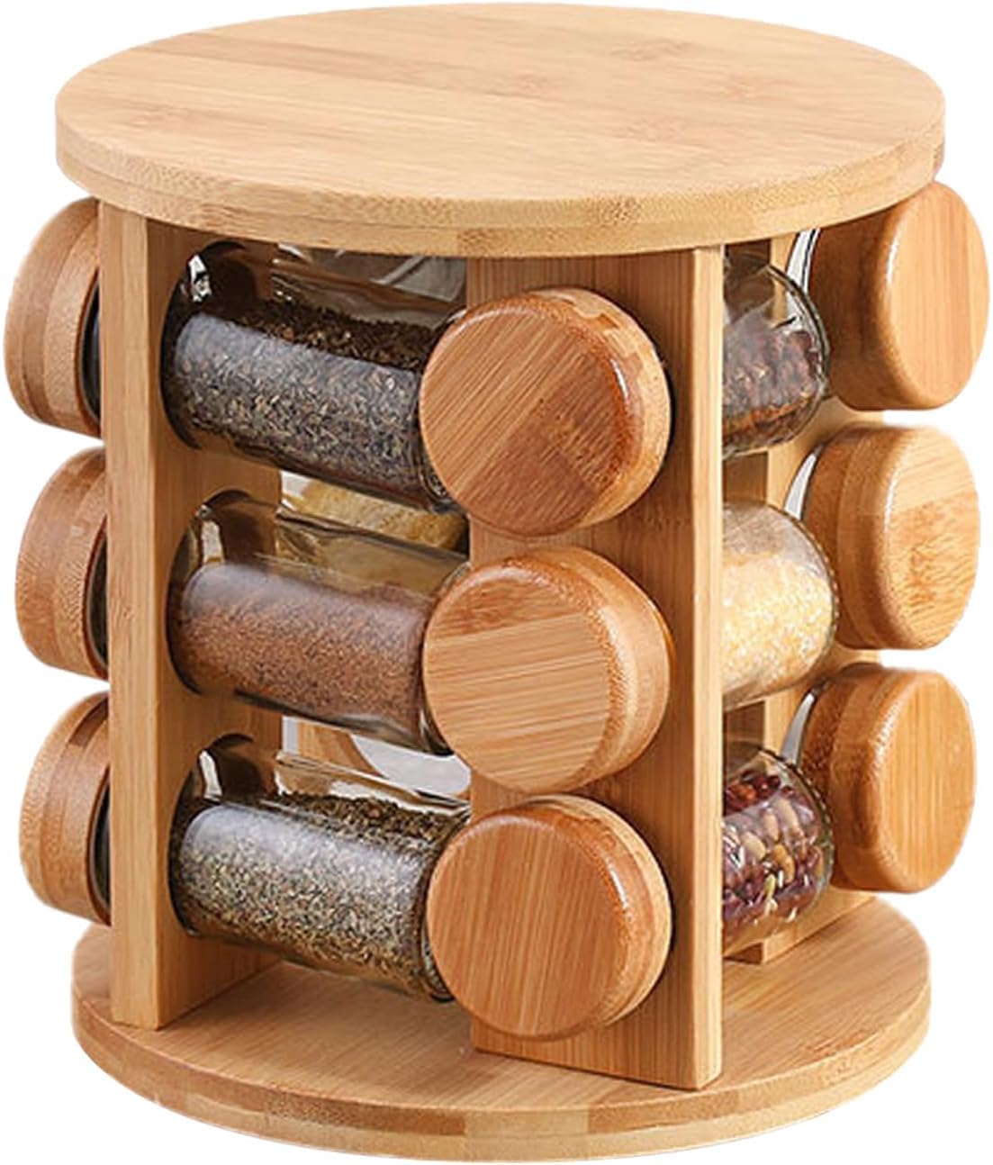 Wooden Spice Jar Organizer | 360° Rotating Kitchen Masala Rack with12 Glass Jars Set| Spice Jar Stand for Modular Kitchen Storage included Airtight Jar Set with Wooden Lids (Pack of 1)