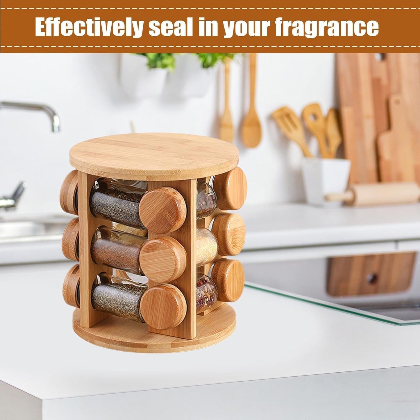 Wooden Spice Jar Organizer | 360° Rotating Kitchen Masala Rack with12 Glass Jars Set| Spice Jar Stand for Modular Kitchen Storage included Airtight Jar Set with Wooden Lids (Pack of 1)