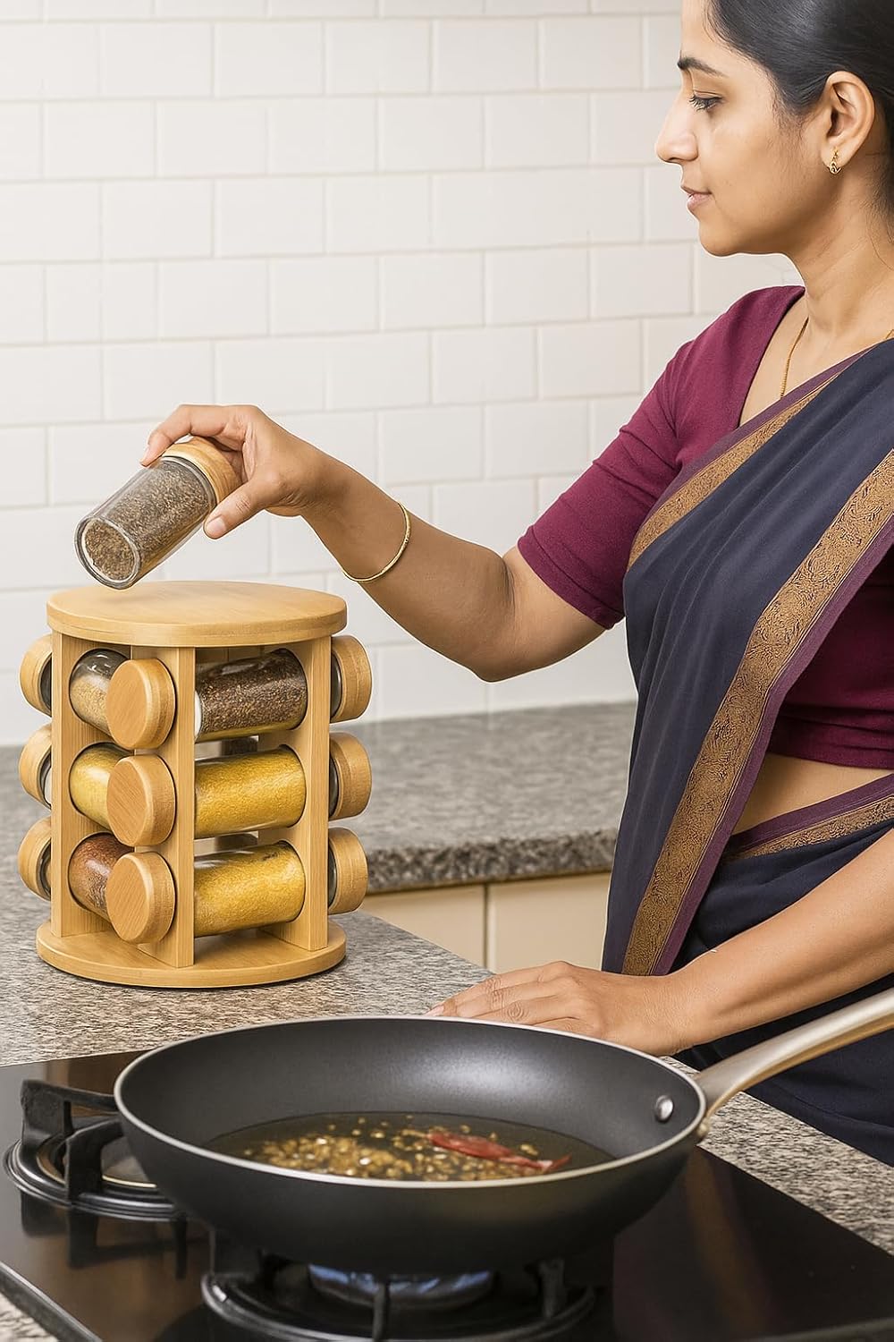 Wooden Spice Jar Organizer | 360° Rotating Kitchen Masala Rack with12 Glass Jars Set| Spice Jar Stand for Modular Kitchen Storage included Airtight Jar Set with Wooden Lids (Pack of 1)