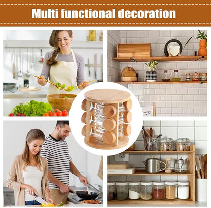 Wooden Spice Jar Organizer | 360° Rotating Kitchen Masala Rack with12 Glass Jars Set| Spice Jar Stand for Modular Kitchen Storage included Airtight Jar Set with Wooden Lids (Pack of 1)