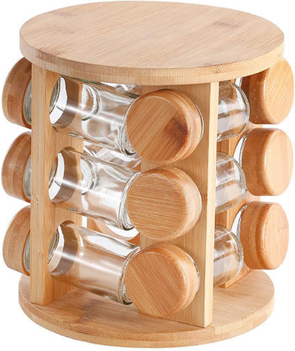 Wooden Spice Jar Organizer | 360° Rotating Kitchen Masala Rack with12 Glass Jars Set| Spice Jar Stand for Modular Kitchen Storage included Airtight Jar Set with Wooden Lids (Pack of 1)