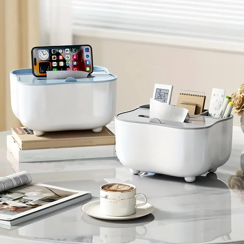 Tissue Box Holder with Spring-Loaded Dispenser - Multipurpose Storage for Living Room, Bedroom & Office Desk, Remote Control Organizer