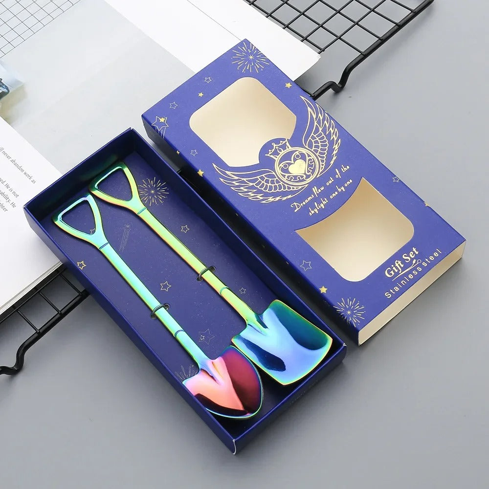 Kitchen Gadgets Spoons Shovel Shape Spoons- 2piece Stainless Steel Spoon Long Handle Coffee Ice Cream Afternoon Teaspoon for Home Kitchen Restaurant Party - 2Pcs - Multicolor