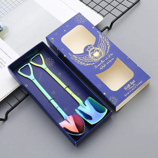 Kitchen Gadgets Spoons Shovel Shape Spoons- 2piece Stainless Steel Spoon Long Handle Coffee Ice Cream Afternoon Teaspoon for Home Kitchen Restaurant Party - 2Pcs - Multicolor