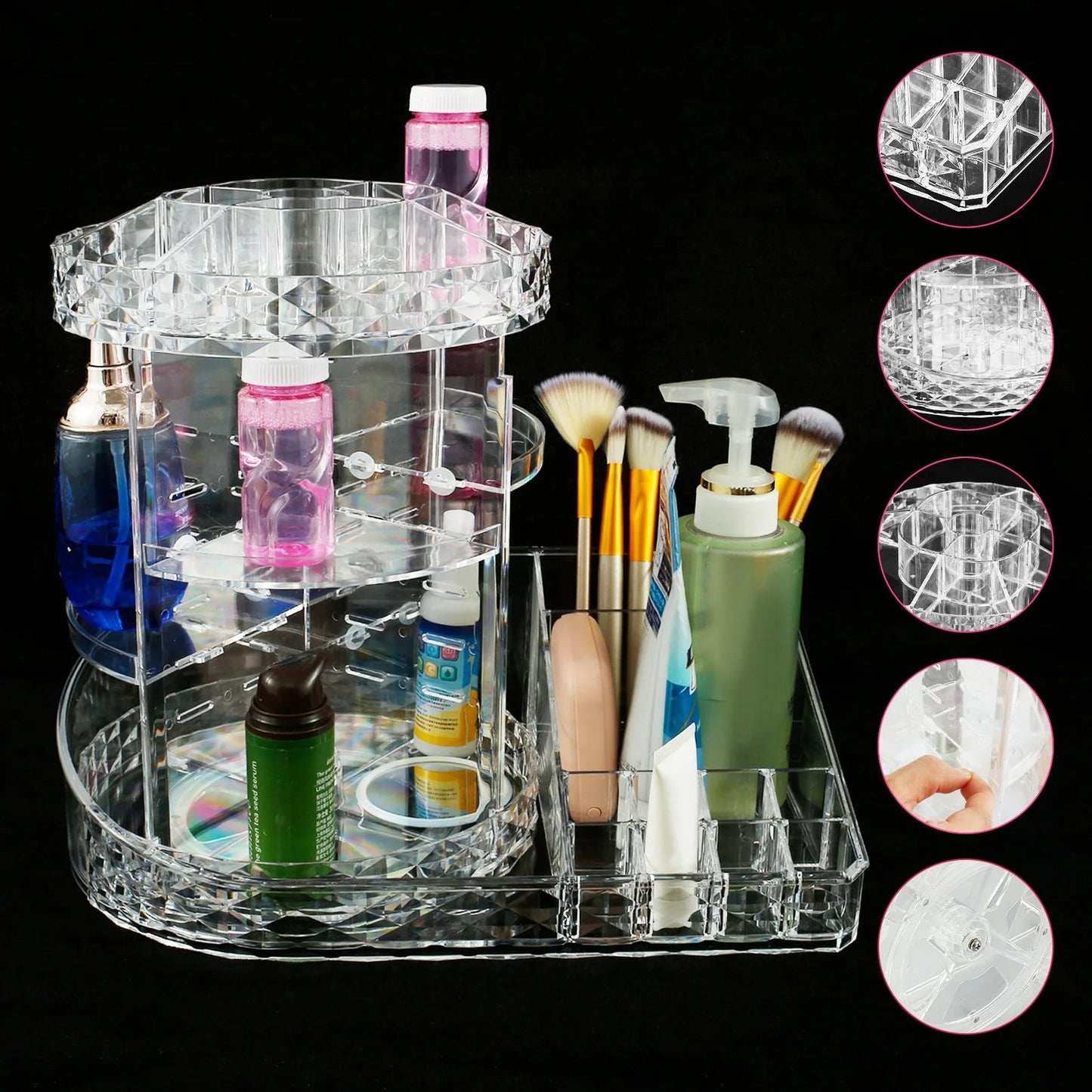 360 Degree Rotating Makeup Organizer, Adjustable Large Jewelry Perfume Cosmetics Display Stand Box for Bathroom Vanity