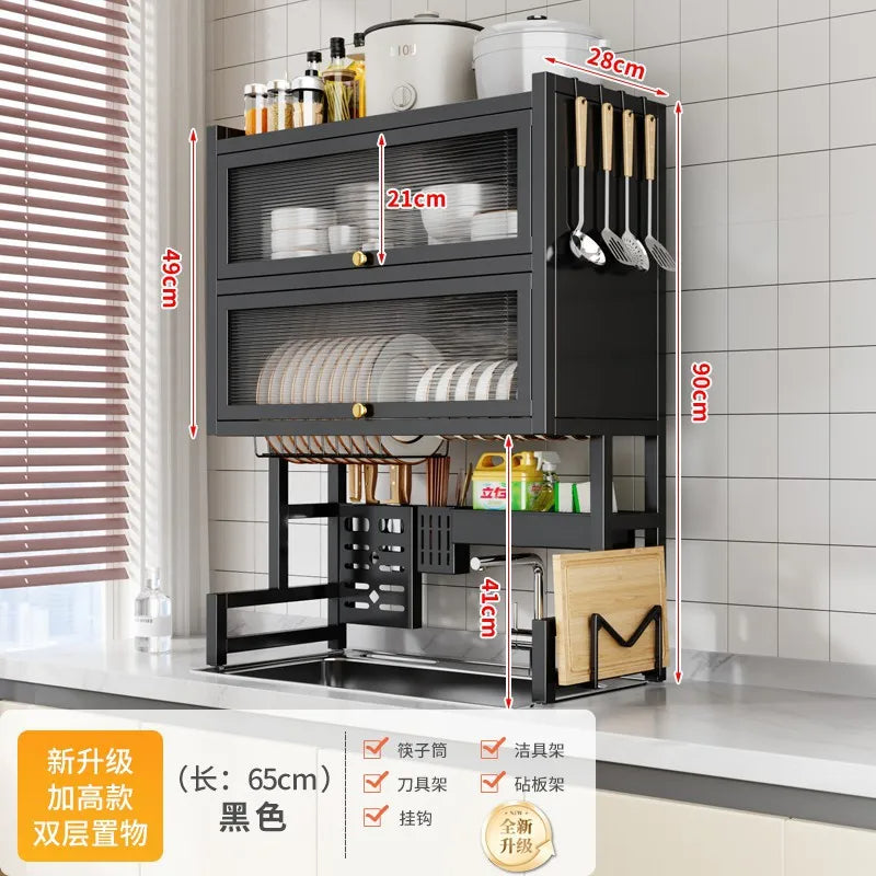 Sink Cabinet Door Rack Countertop Sink Shelf with Door Dust-Proof Cutlery Cutting Board Drain Rack Bowl Plate Organizer Kitchen