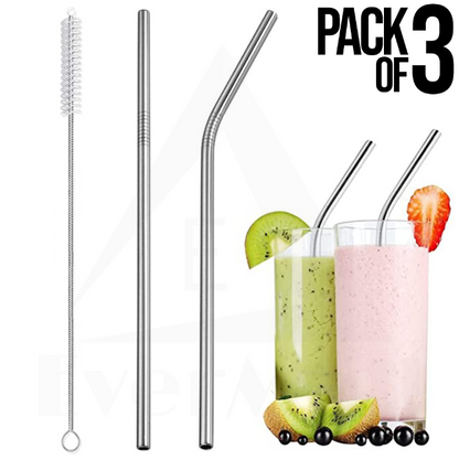 3Pcs Stainless Steel Metal Drinking Straw Reusable Straws + Cleaner Brush
