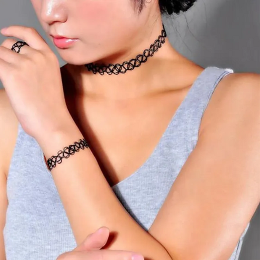 3 In 1 Stretch Vintage Choker Tattoo Style Girls Elastic (Necklace+Bracelet+Ring)