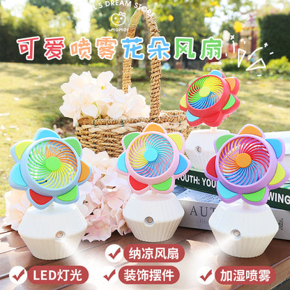Colorful spray with LED light sunflower fan USB charging three-speed speed adjustment summer student desktop Fan Humidifier